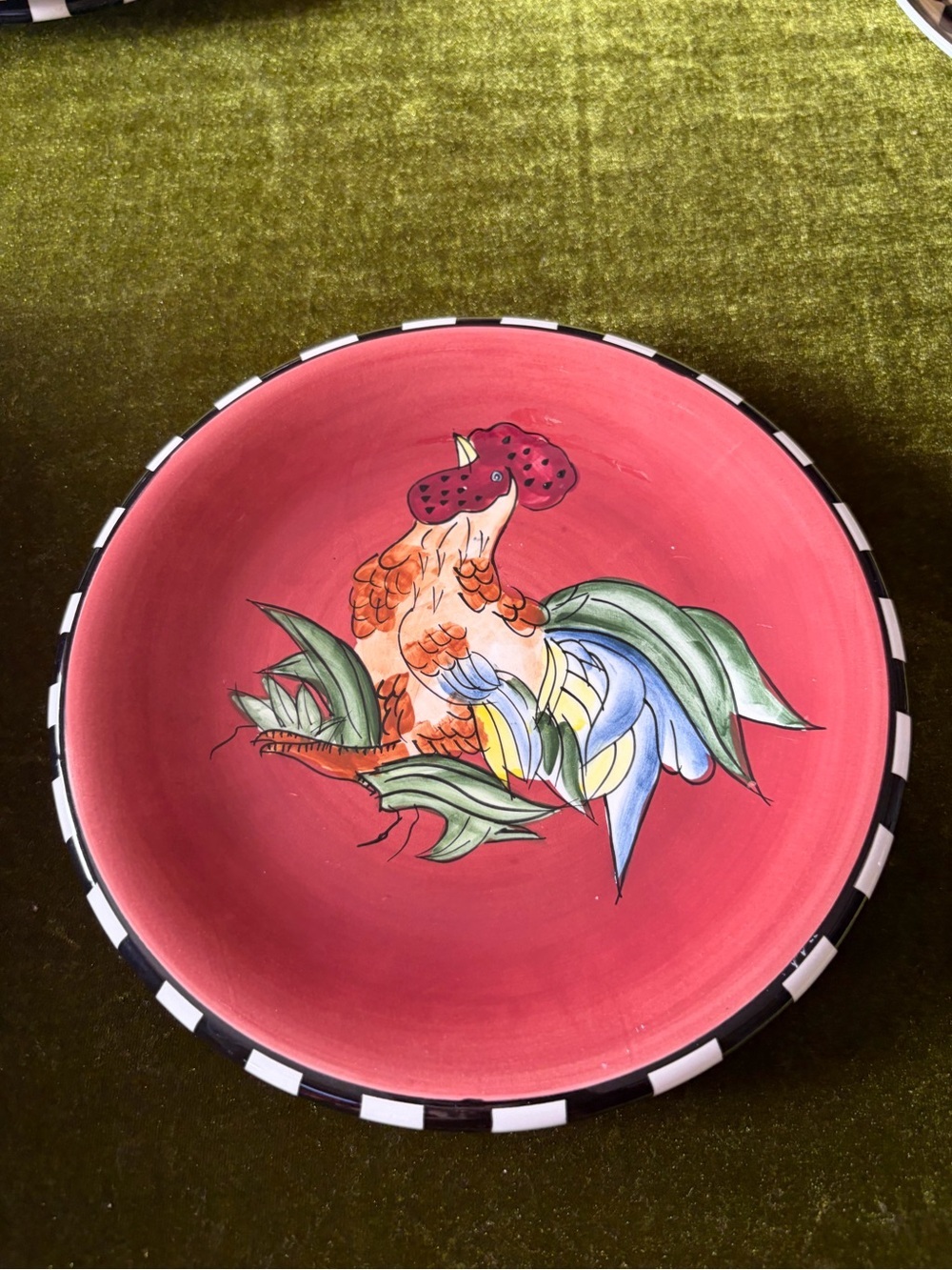 Hand-Painted Red Ceramic Decorative Dish with Colorful Bird Motif